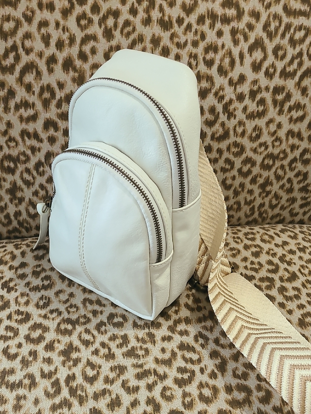 Sonoma Ivory Cream Faux Leather Crossbody Sling Bag with Chevron Strap